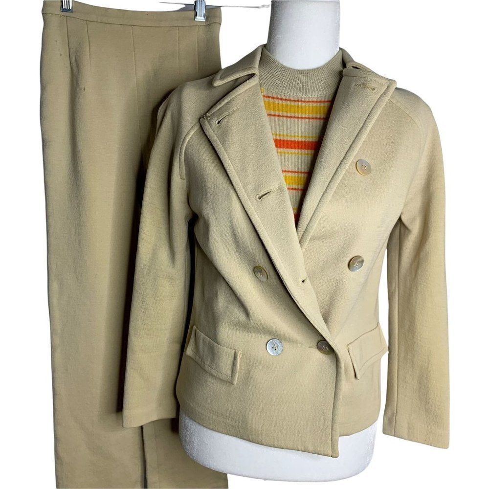 Vintage 60s 3 Piece Wool Jacket Pant Set XS Beige Orange Mod Preppy Collegiate